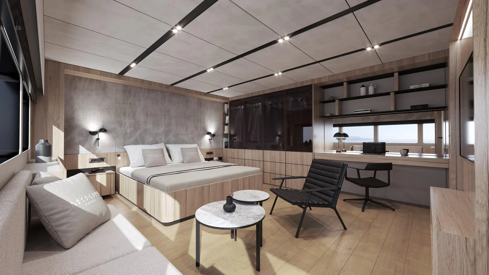The master stateroom features a spacious layout with modern furnishings and ample natural light. aboard 2027 MOON YACHT 100 SAIL Yacht for Sale