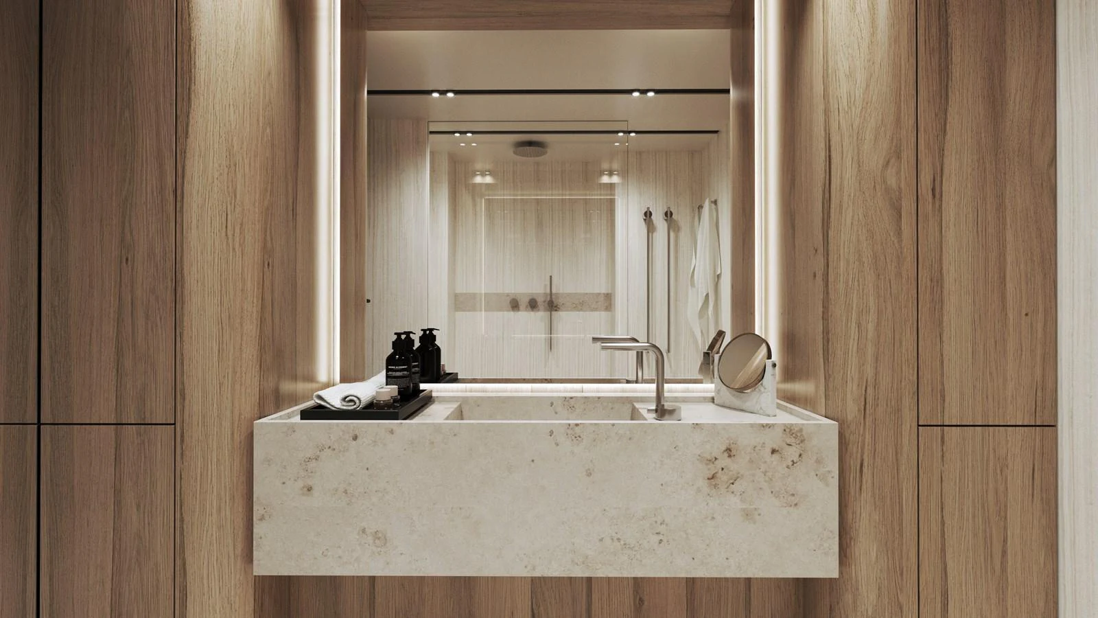 A luxurious bathroom with a modern sink and elegant wooden accents. aboard 2027 MOON YACHT 100 SAIL Yacht for Sale