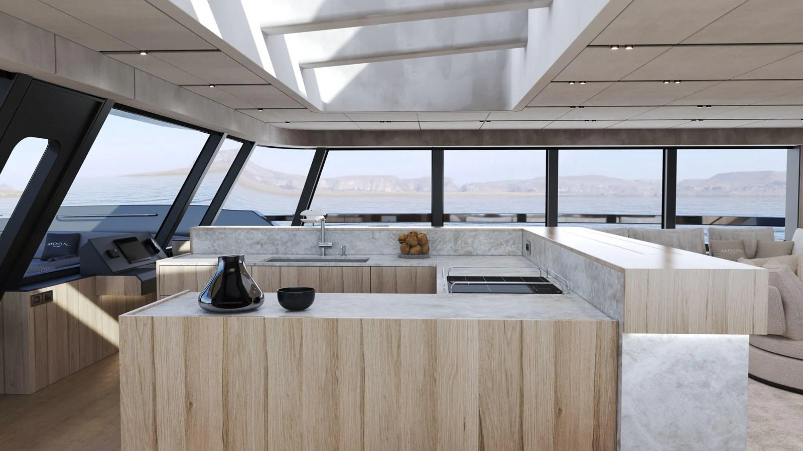 The yacht's galley features modern design with ample natural light and panoramic views. aboard 2027 MOON YACHT 100 SAIL Yacht for Sale