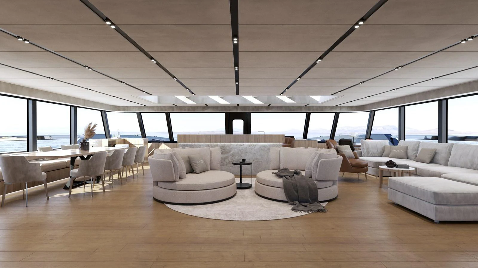 The spacious salon features modern furnishings and panoramic windows for an elegant and inviting atmosphere. aboard 2027 MOON YACHT 100 SAIL Yacht for Sale