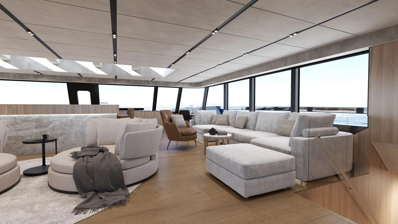 The spacious salon features modern furnishings and large windows for panoramic views. aboard 2027 MOON YACHT 100 SAIL Yacht for Sale