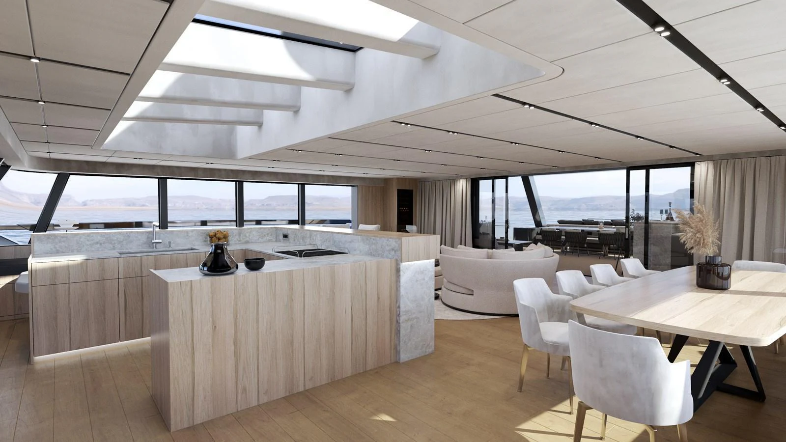 The spacious salon features modern furnishings and ample natural light through large windows and skylights. aboard 2027 MOON YACHT 100 SAIL Yacht for Sale