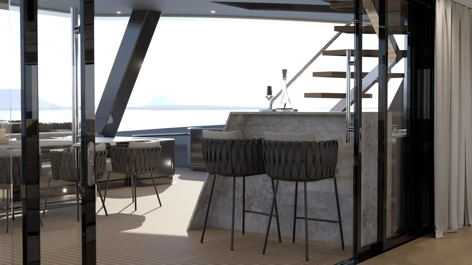 A stylish bar area with modern seating and a sleek design, perfect for entertaining guests. aboard 2027 MOON YACHT 100 SAIL Yacht for Sale