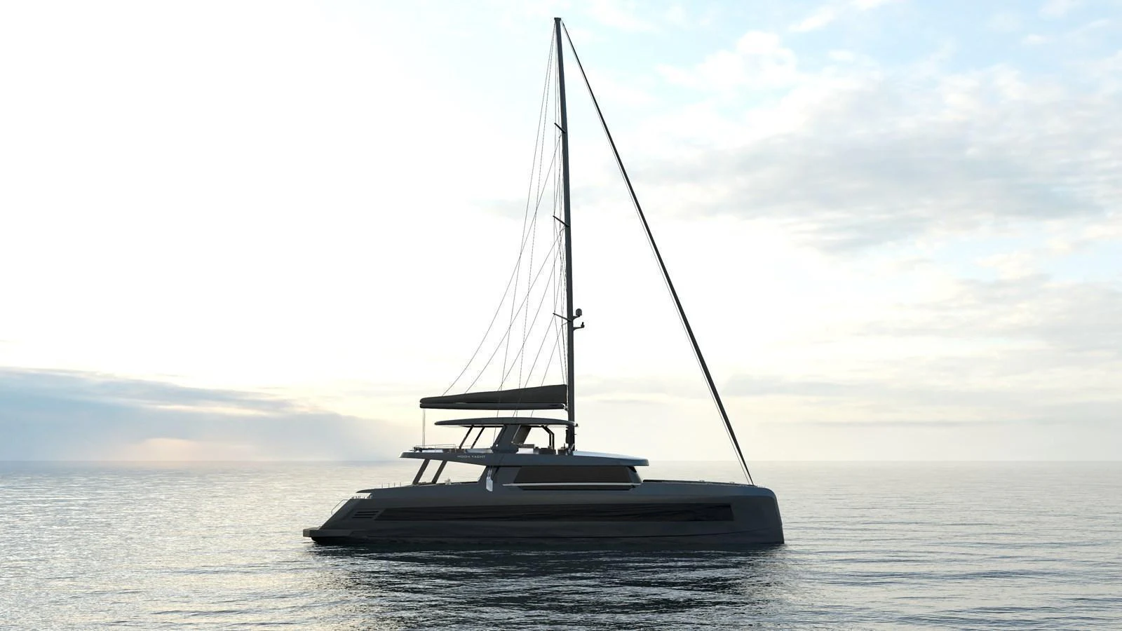 A sleek and modern yacht sails gracefully on calm waters under a serene sky. aboard 2027 MOON YACHT 100 SAIL Yacht for Sale