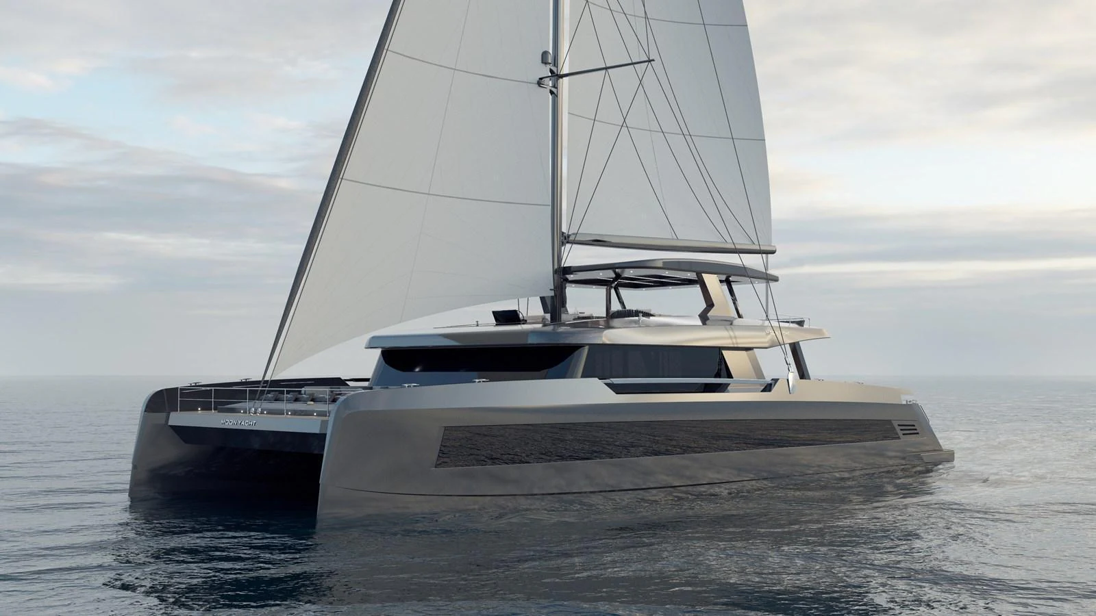 A sleek and modern catamaran glides gracefully on calm waters under a cloudy sky. aboard 2027 MOON YACHT 100 SAIL Yacht for Sale