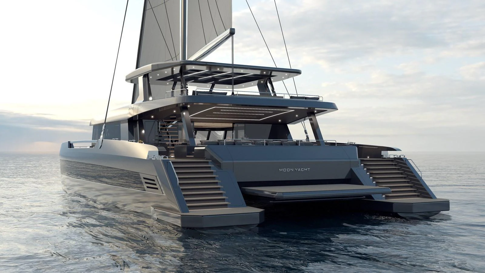 A sleek and modern yacht with expansive outdoor lounging areas and a sophisticated design. aboard 2027 MOON YACHT 100 SAIL Yacht for Sale