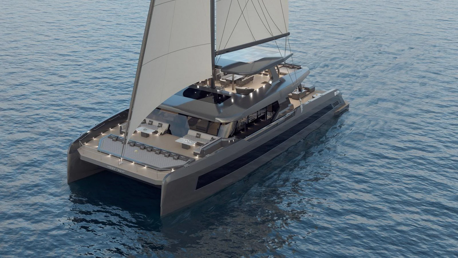 A sleek and modern catamaran yacht sails gracefully on calm waters. aboard 2027 MOON YACHT 100 SAIL Yacht for Sale