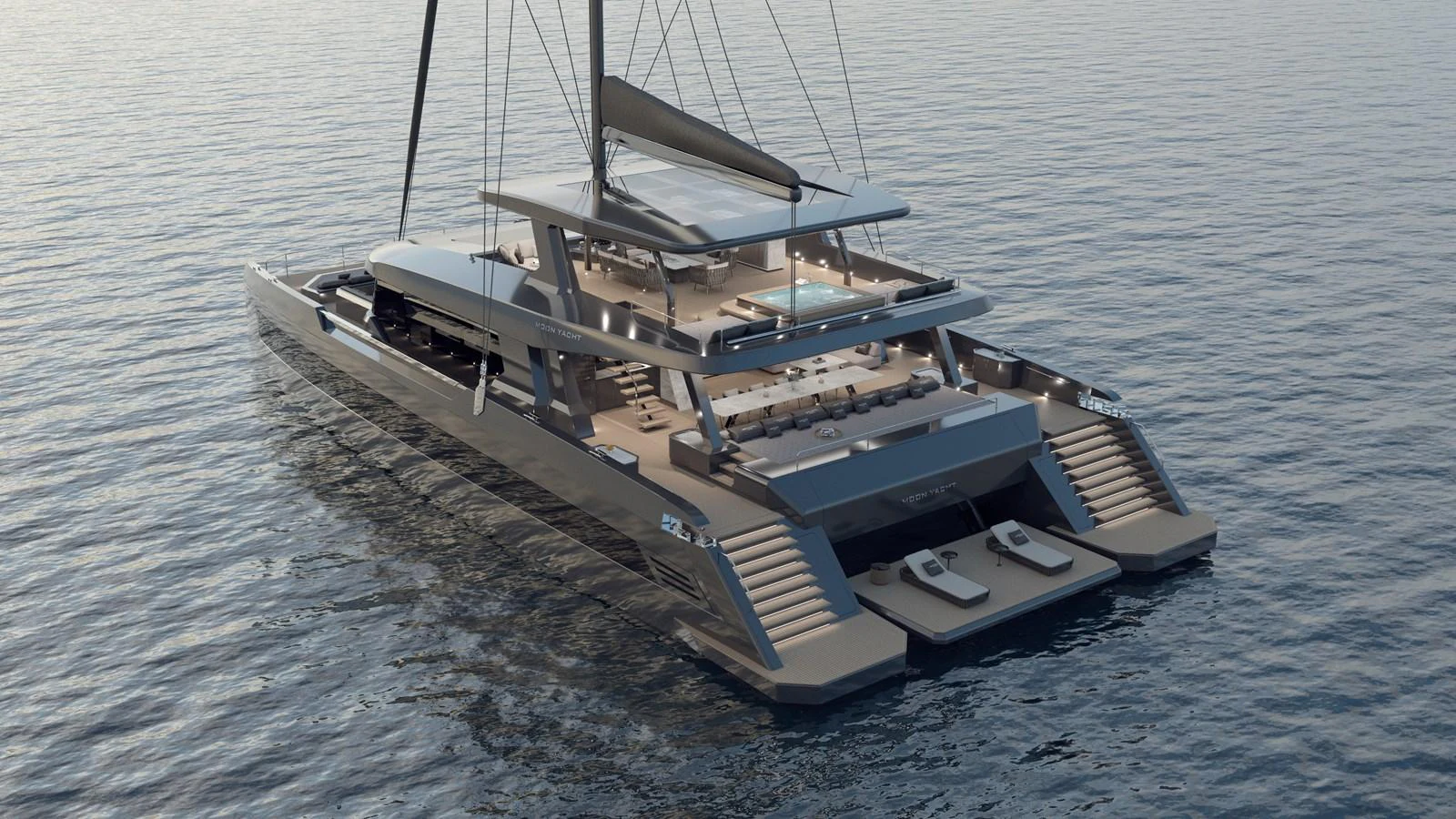 A sleek and modern catamaran yacht cruising on calm waters, showcasing its expansive deck and luxurious amenities. aboard 2027 MOON YACHT 100 SAIL Yacht for Sale