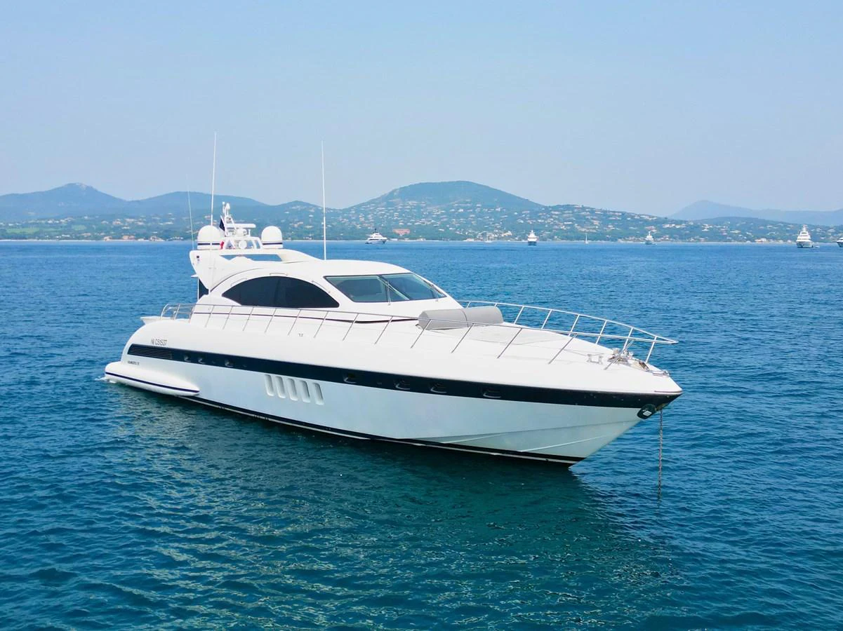 A sleek and modern yacht glides gracefully on calm blue waters with a scenic backdrop. aboard CARO Yacht for Sale