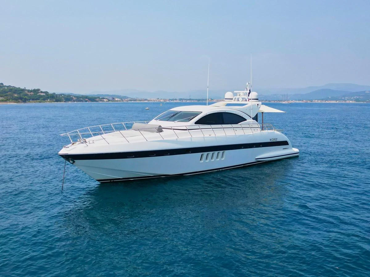 A sleek and modern yacht glides gracefully on calm blue waters, showcasing its elegant design. aboard CARO Yacht for Sale