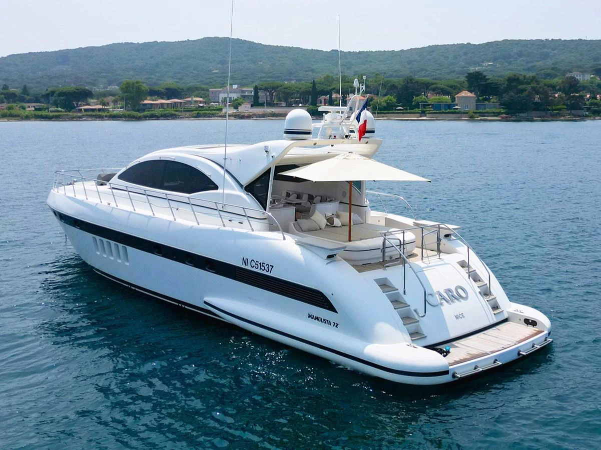 A sleek and modern yacht glides gracefully on calm waters, showcasing its elegant design and spacious deck. aboard CARO Yacht for Sale