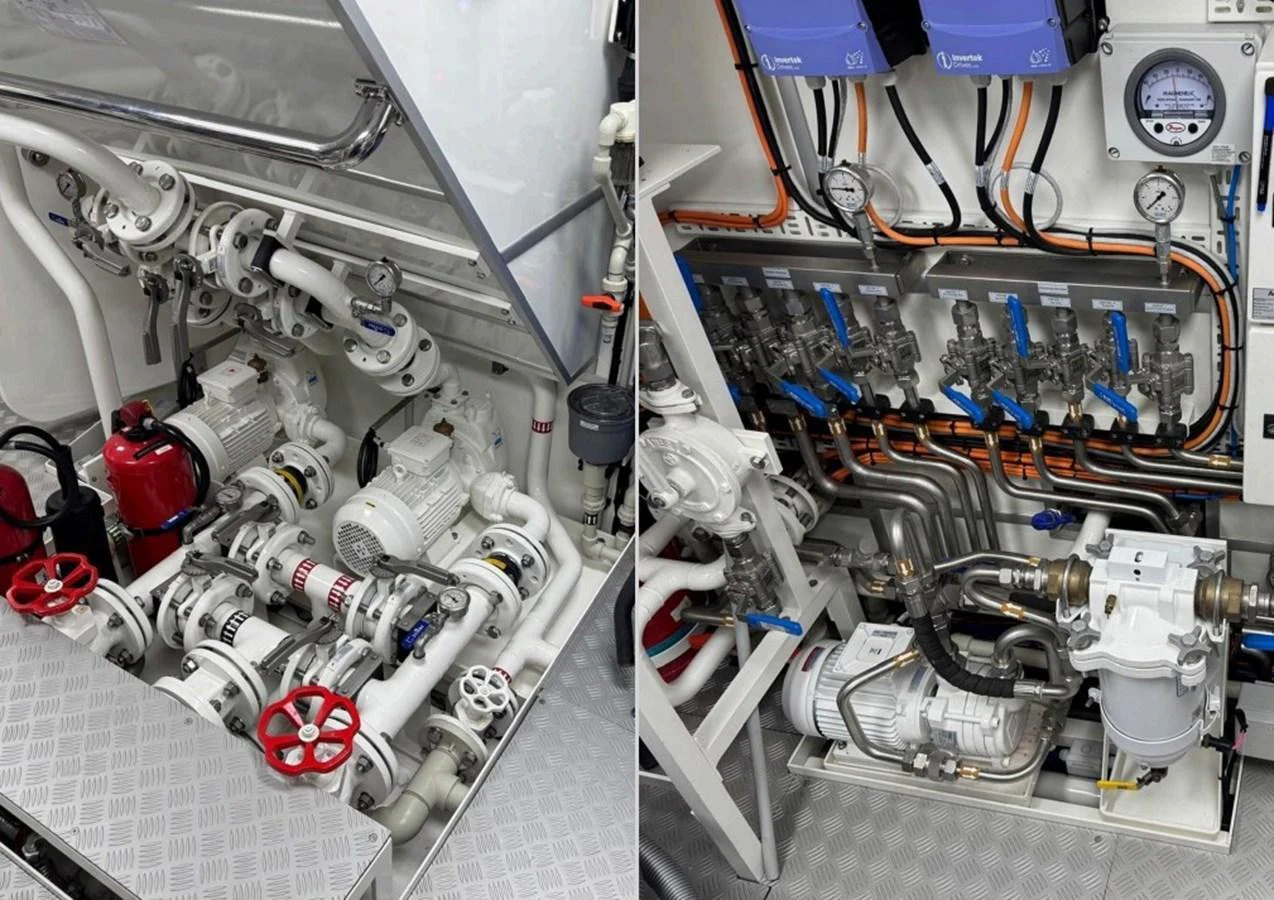 The image showcases the meticulously organized engine room with advanced machinery and piping. aboard MAXIMUS Yacht for Sale