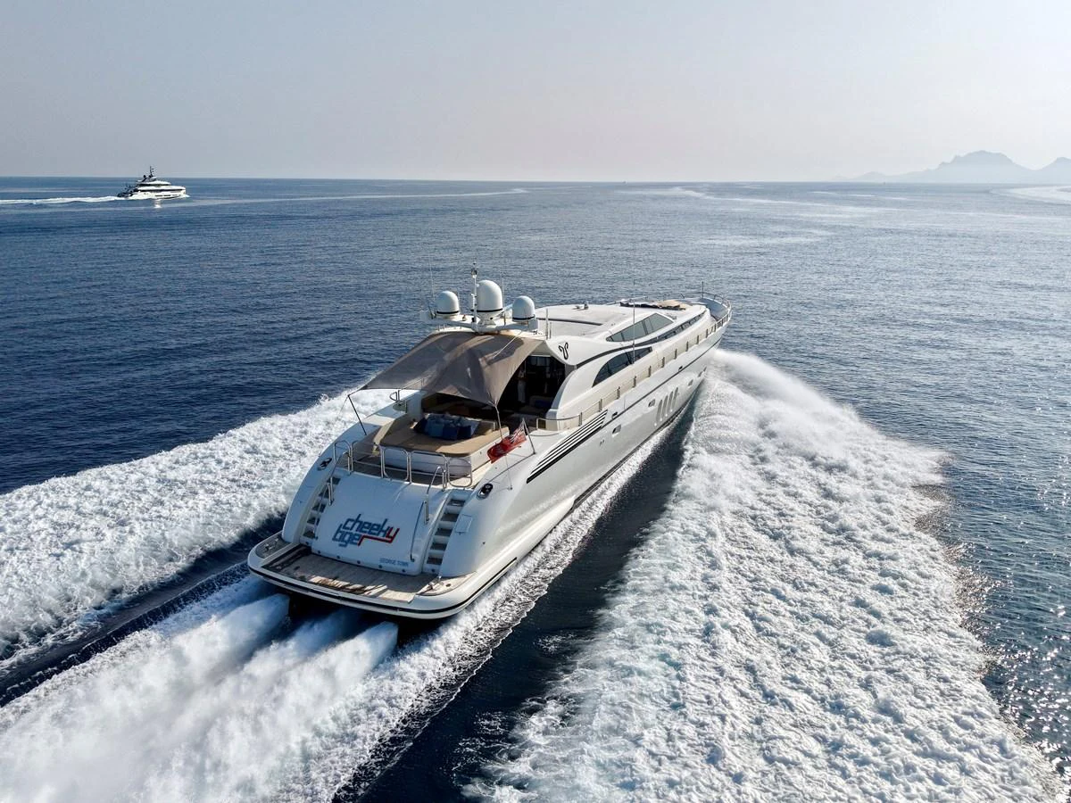 A sleek yacht cruises swiftly through open waters, showcasing its elegant design and powerful performance. aboard CHEEKY TIGER Yacht for Sale