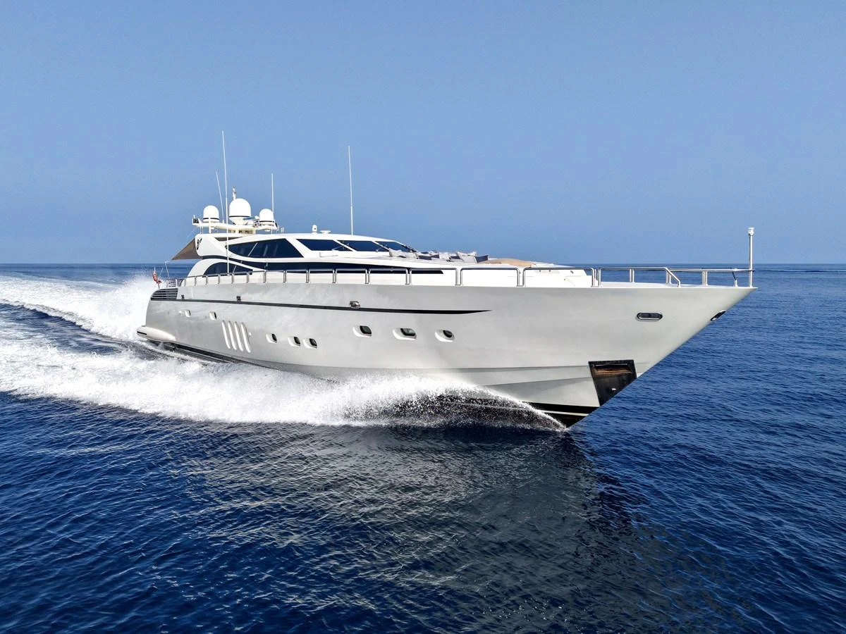 A sleek and modern yacht cruises swiftly through the open sea, showcasing its elegant design and powerful performance. aboard CHEEKY TIGER Yacht for Sale