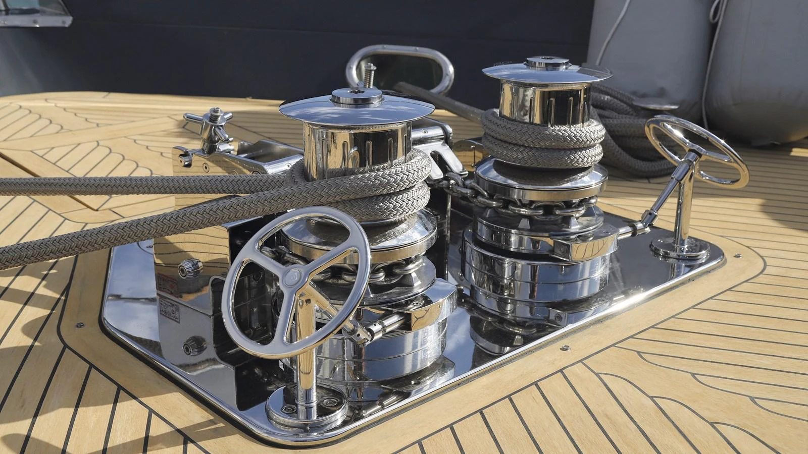 The image showcases a polished winch system on the yacht's deck, highlighting its high-quality craftsmanship. aboard MAVERICK Yacht for Sale