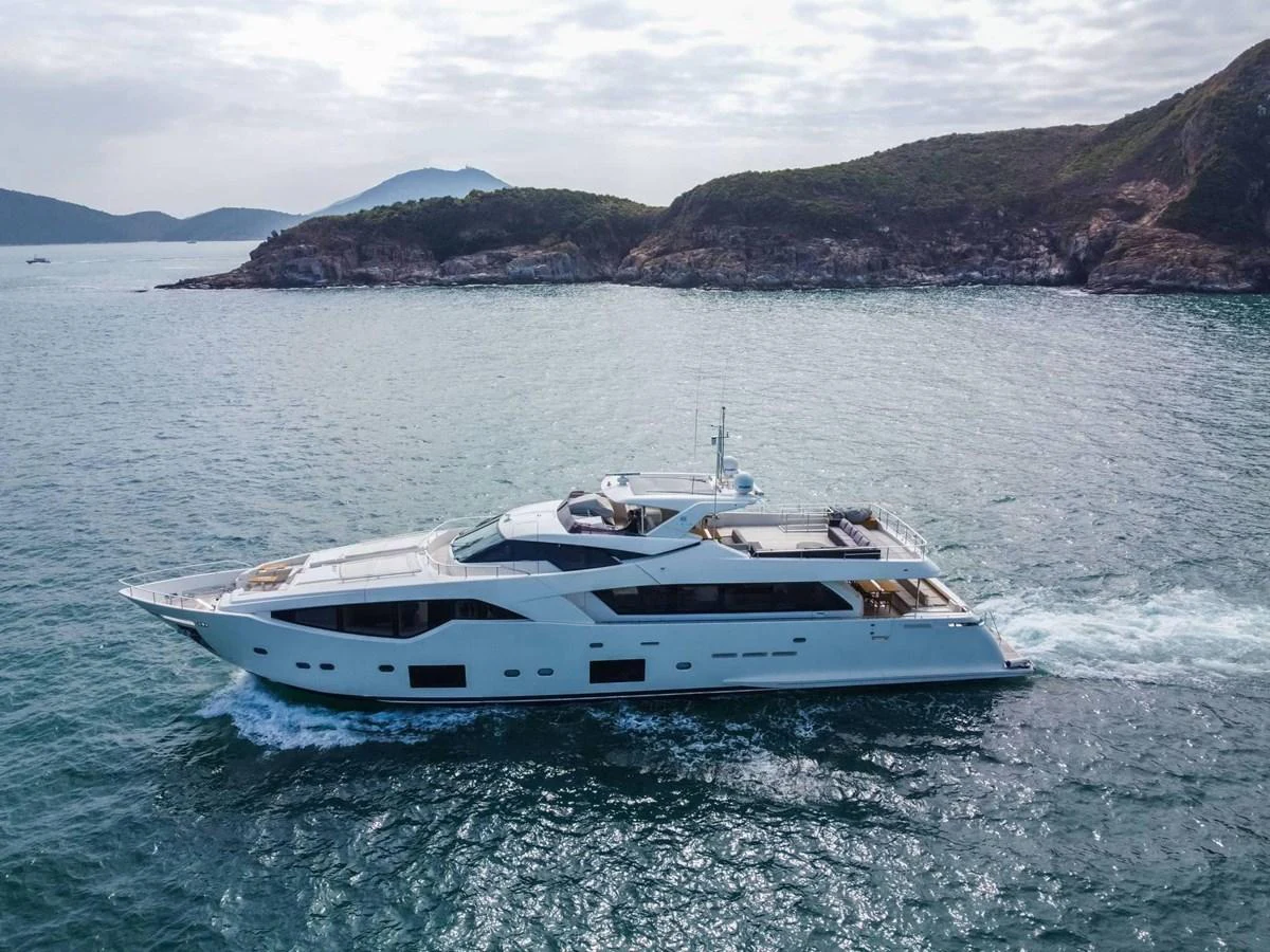 a white yacht in the water aboard CUSTOM LINE 108 Yacht for Sale