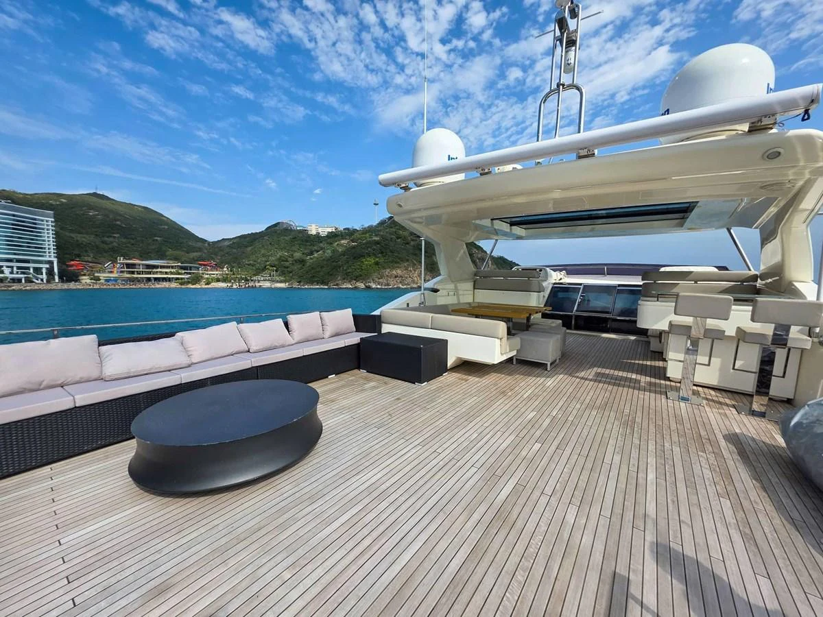 a deck with a large white satellite dish on it aboard CUSTOM LINE 108 Yacht for Sale