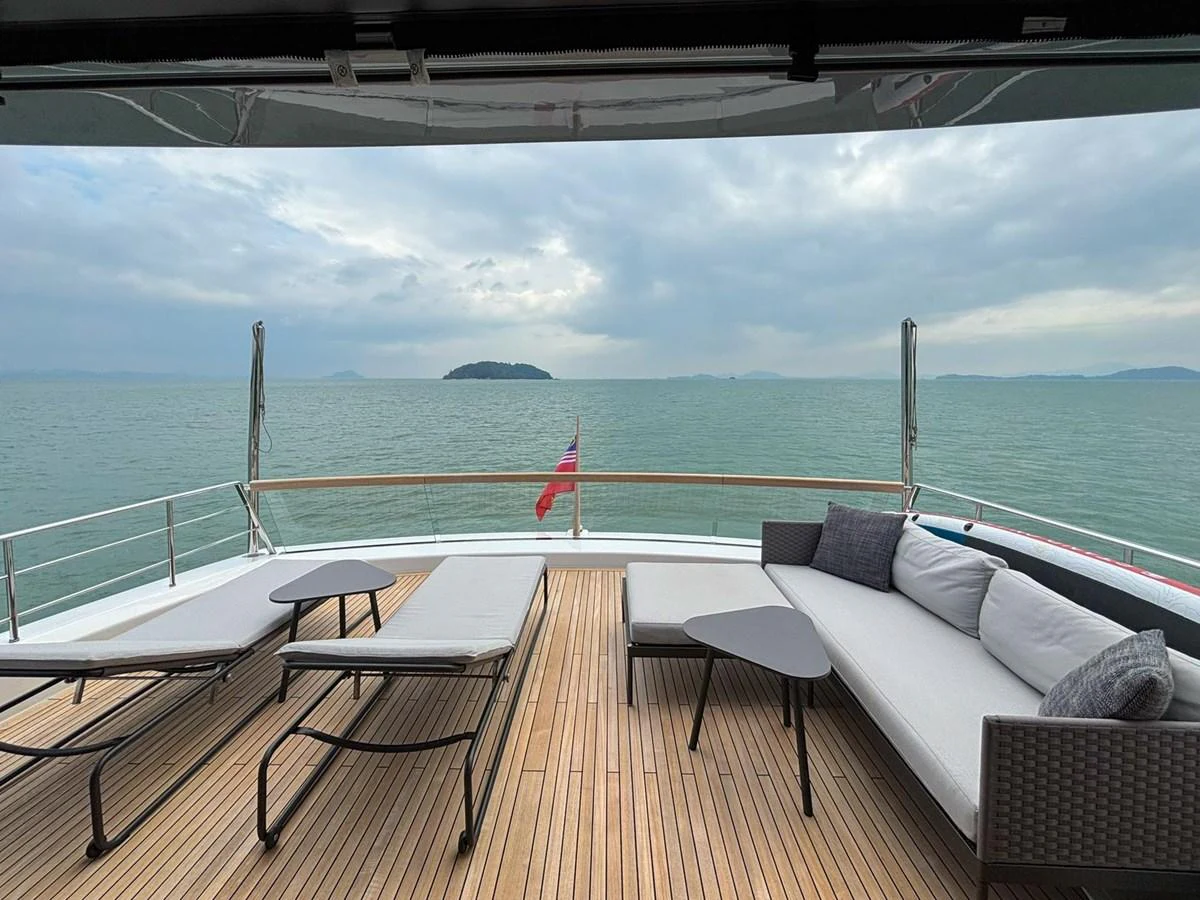 The aft deck offers a serene lounging area with comfortable seating and stunning sea views. aboard SANLORENZO SX88 Yacht for Sale