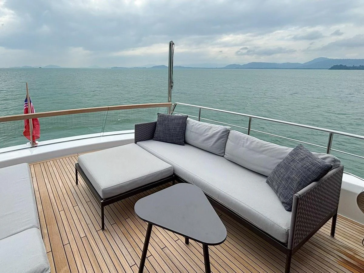 The aft deck features comfortable seating with scenic ocean views. aboard SANLORENZO SX88 Yacht for Sale