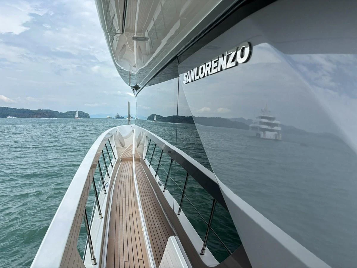 The sleek exterior of the yacht showcases its elegant design and craftsmanship as it glides through serene waters. aboard SANLORENZO SX88 Yacht for Sale
