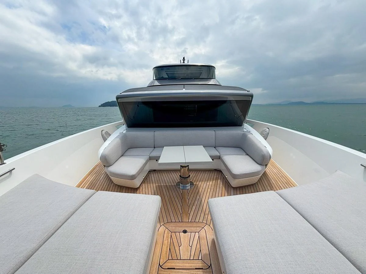 The foredeck features spacious seating and sunbathing areas with a stunning view of the open sea. aboard SANLORENZO SX88 Yacht for Sale
