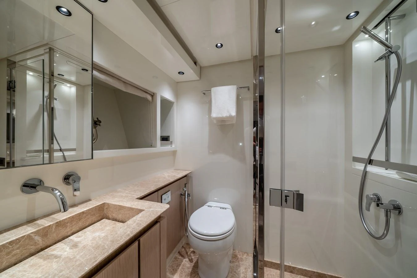 The yacht's bathroom features modern fixtures and a sleek design. aboard VIOLETTA Yacht for Sale