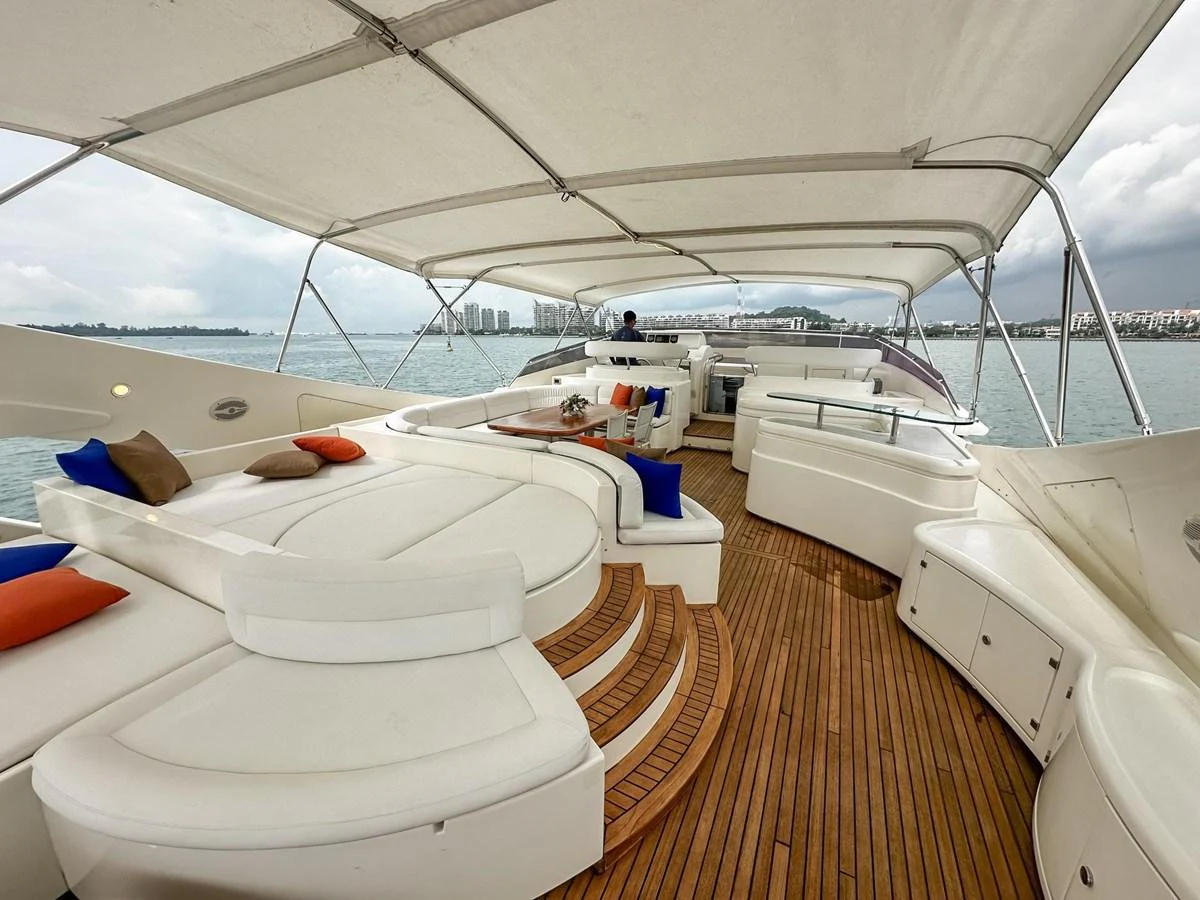 The flybridge offers spacious seating and lounging areas under a protective canopy, perfect for enjoying panoramic views. aboard CUSTOM LINE 112 Yacht for Sale