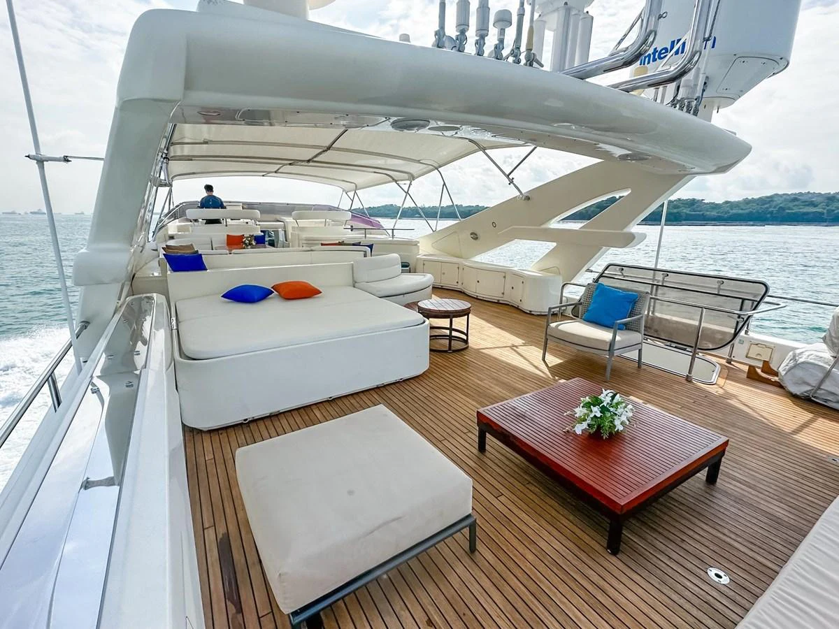 The flybridge offers a spacious and luxurious outdoor lounging area with comfortable seating and scenic views. aboard CUSTOM LINE 112 Yacht for Sale