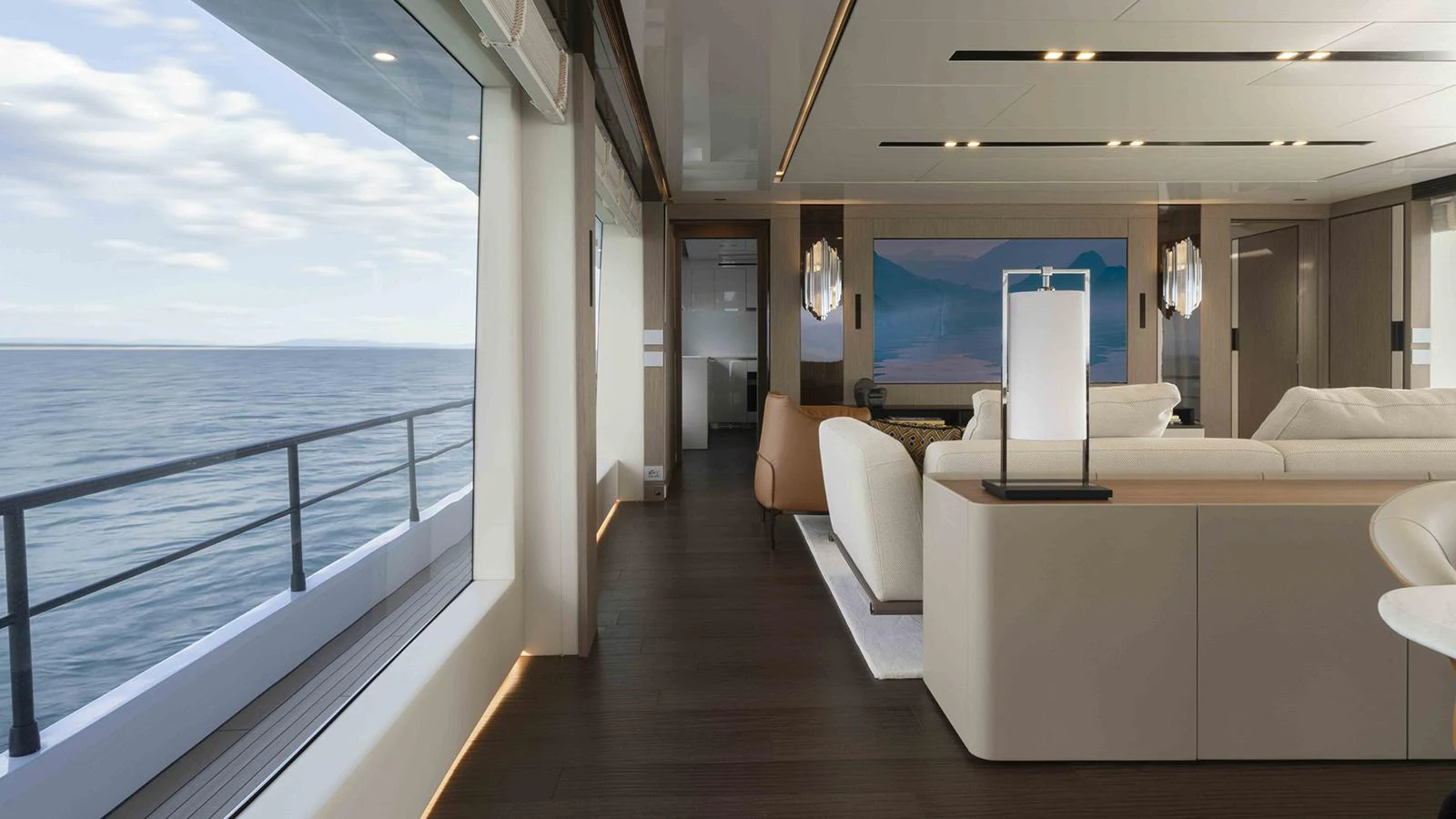 a room with a large window and a view of the ocean aboard FOUR JOYS Yacht for Sale