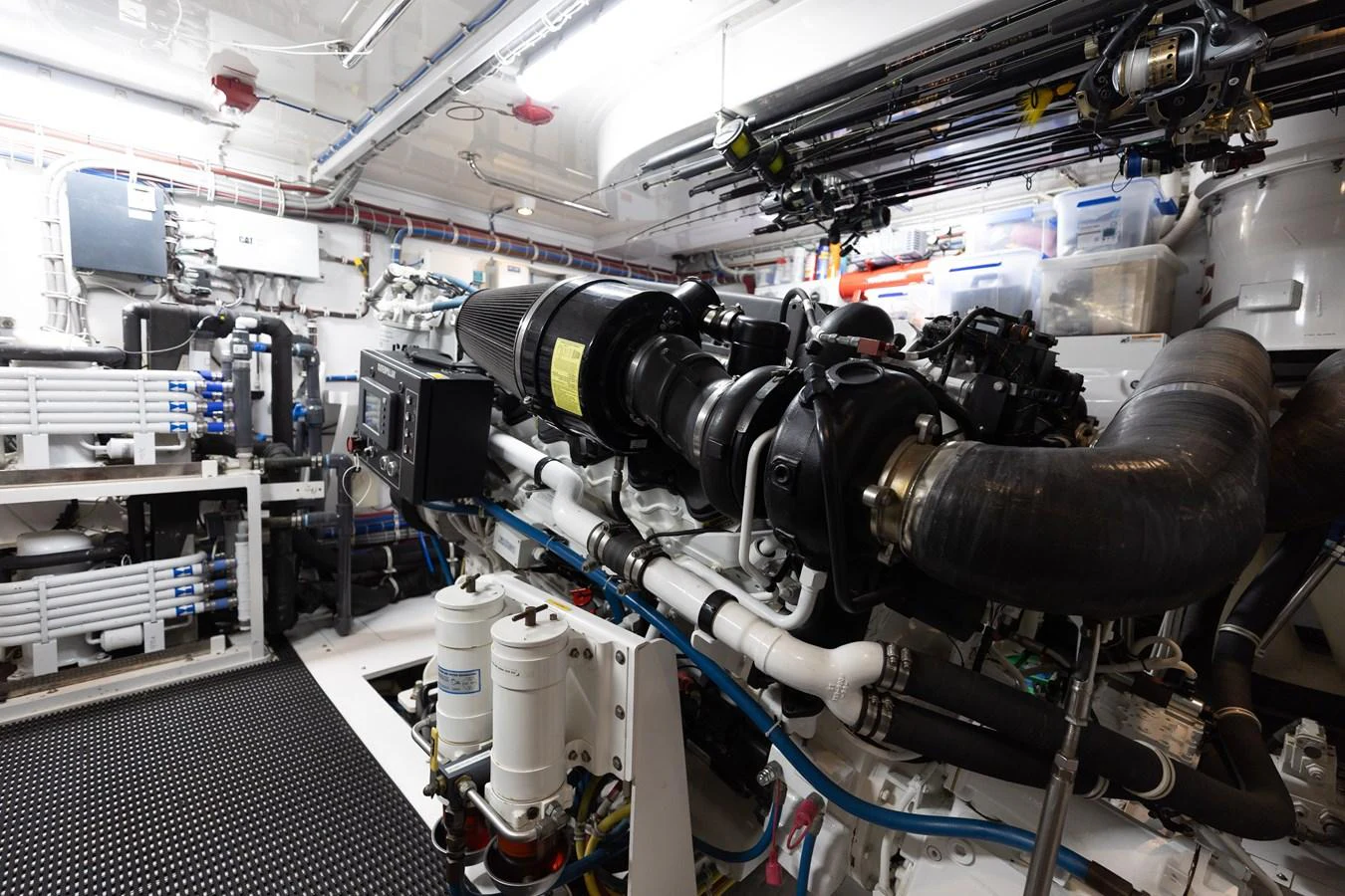 The image showcases the well-organized and meticulously maintained engine room of the yacht. aboard RITZ SEA Yacht for Sale
