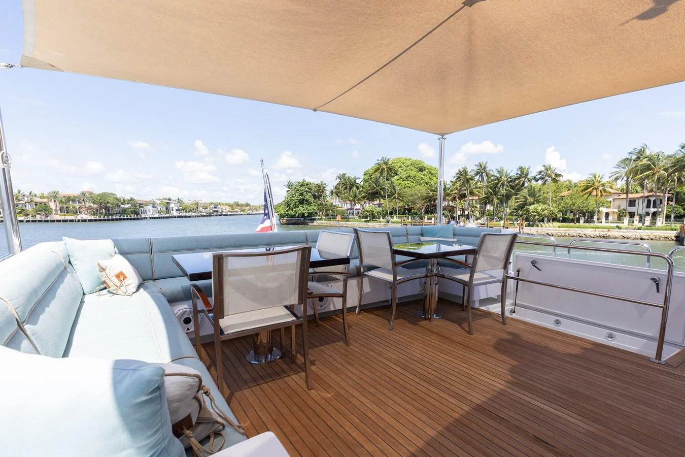 The aft deck offers a spacious and comfortable area for outdoor dining and relaxation with scenic views. aboard RITZ SEA Yacht for Sale