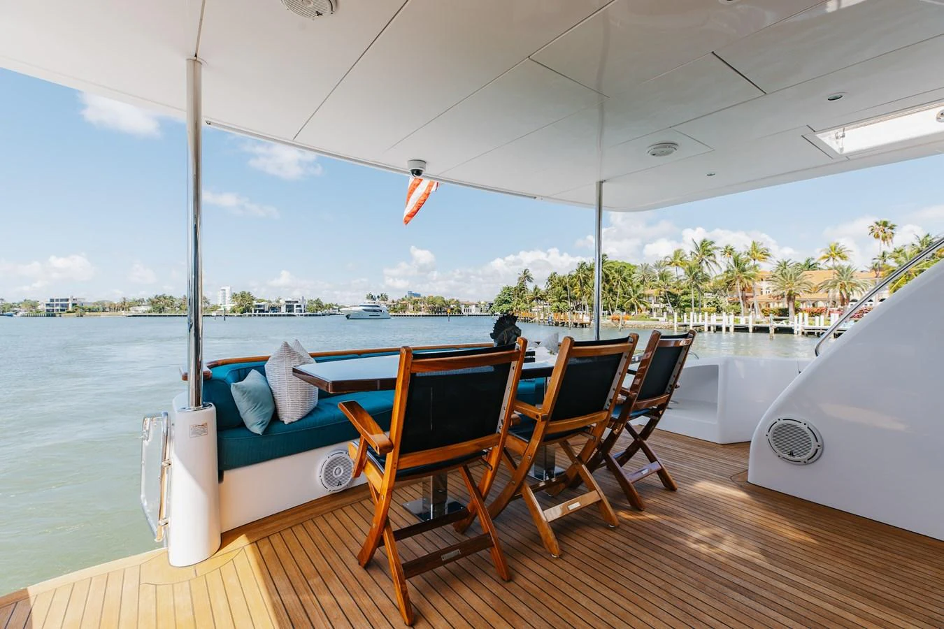The aft deck offers a serene outdoor seating area with a beautiful view of the water and surrounding landscape. aboard RITZ SEA Yacht for Sale