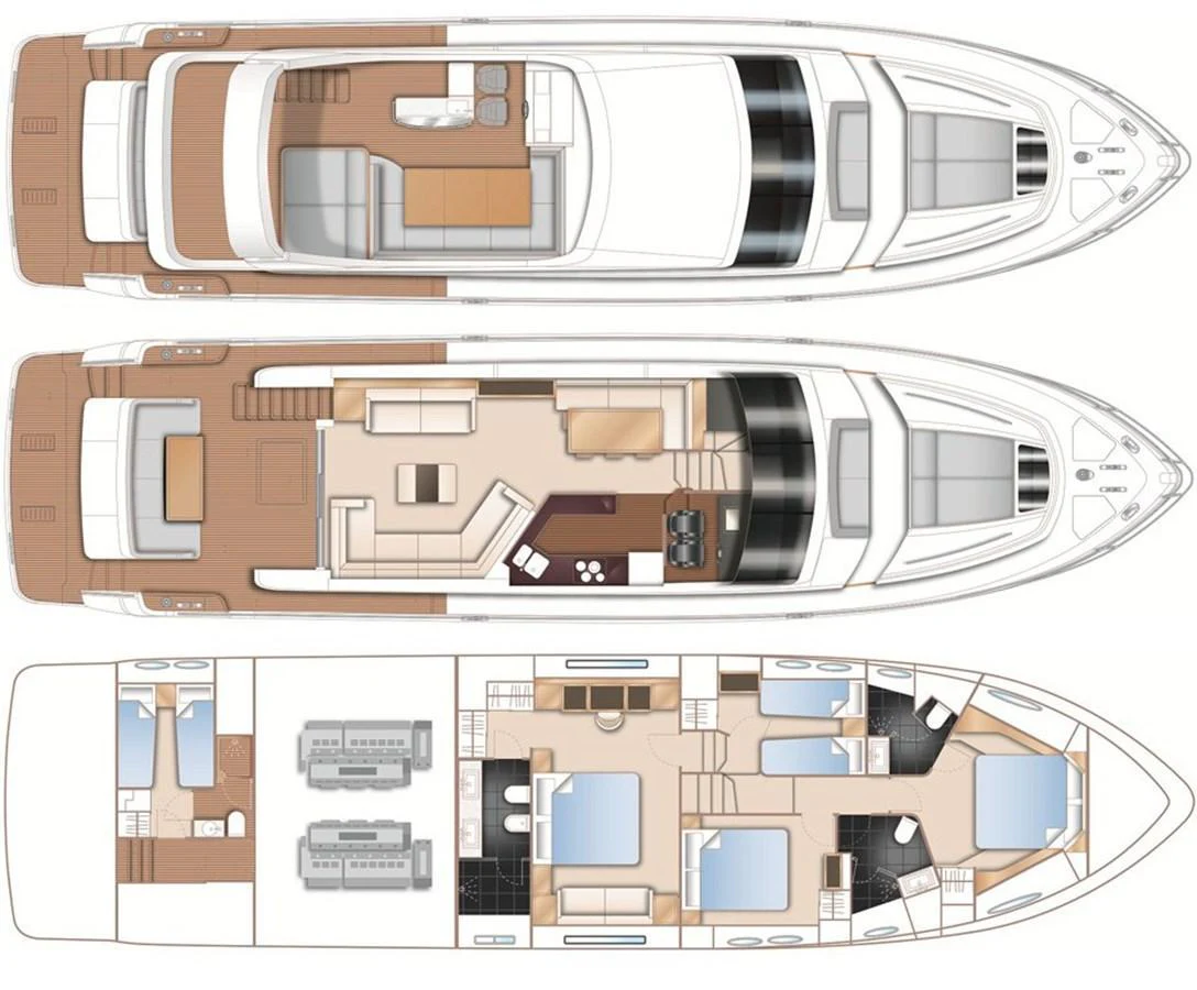 This image showcases the detailed layout plan of a luxury yacht, highlighting various decks and living spaces. aboard KAZZA Yacht for Sale