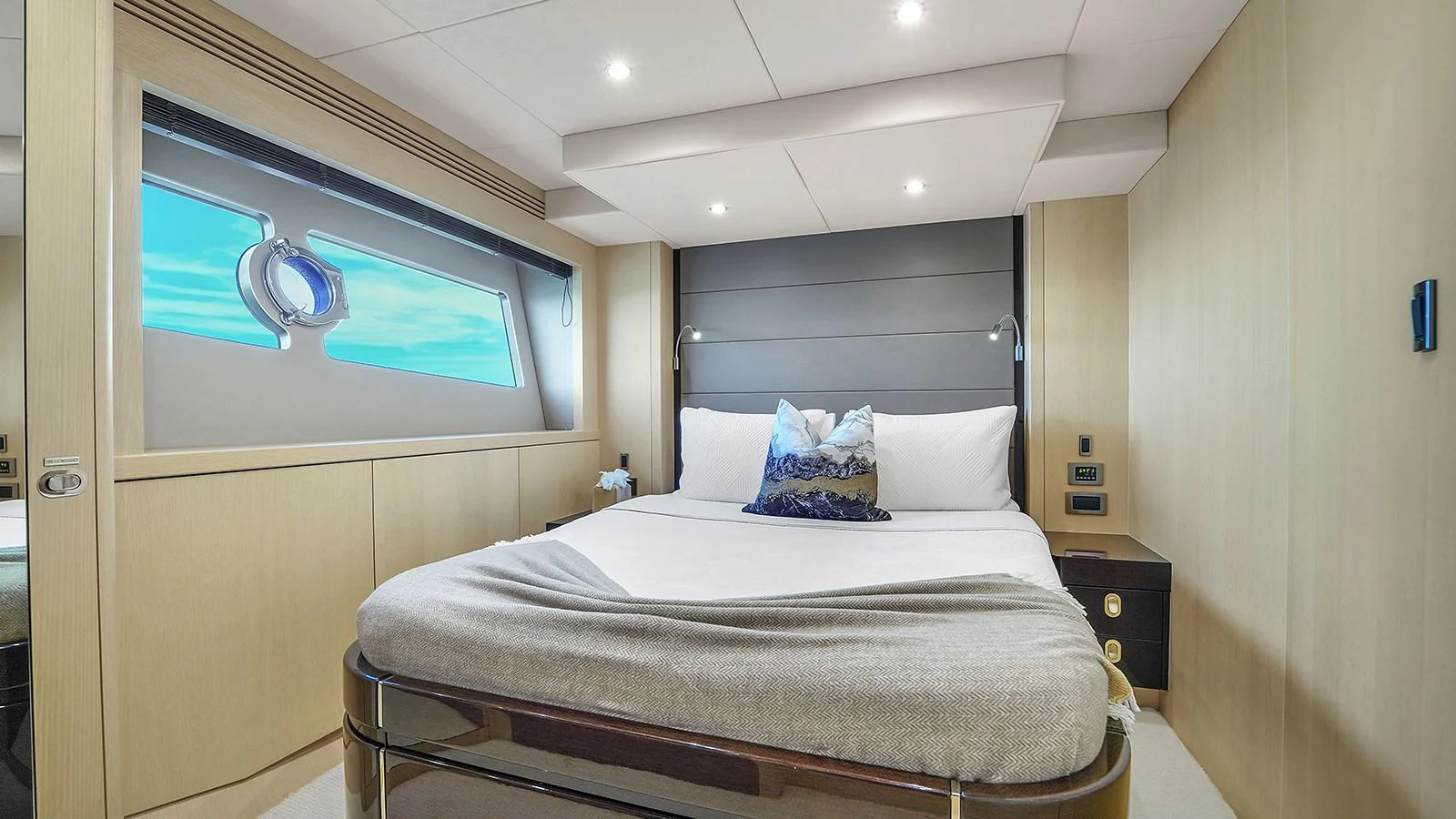 a bed in a room aboard M4 Yacht for Sale