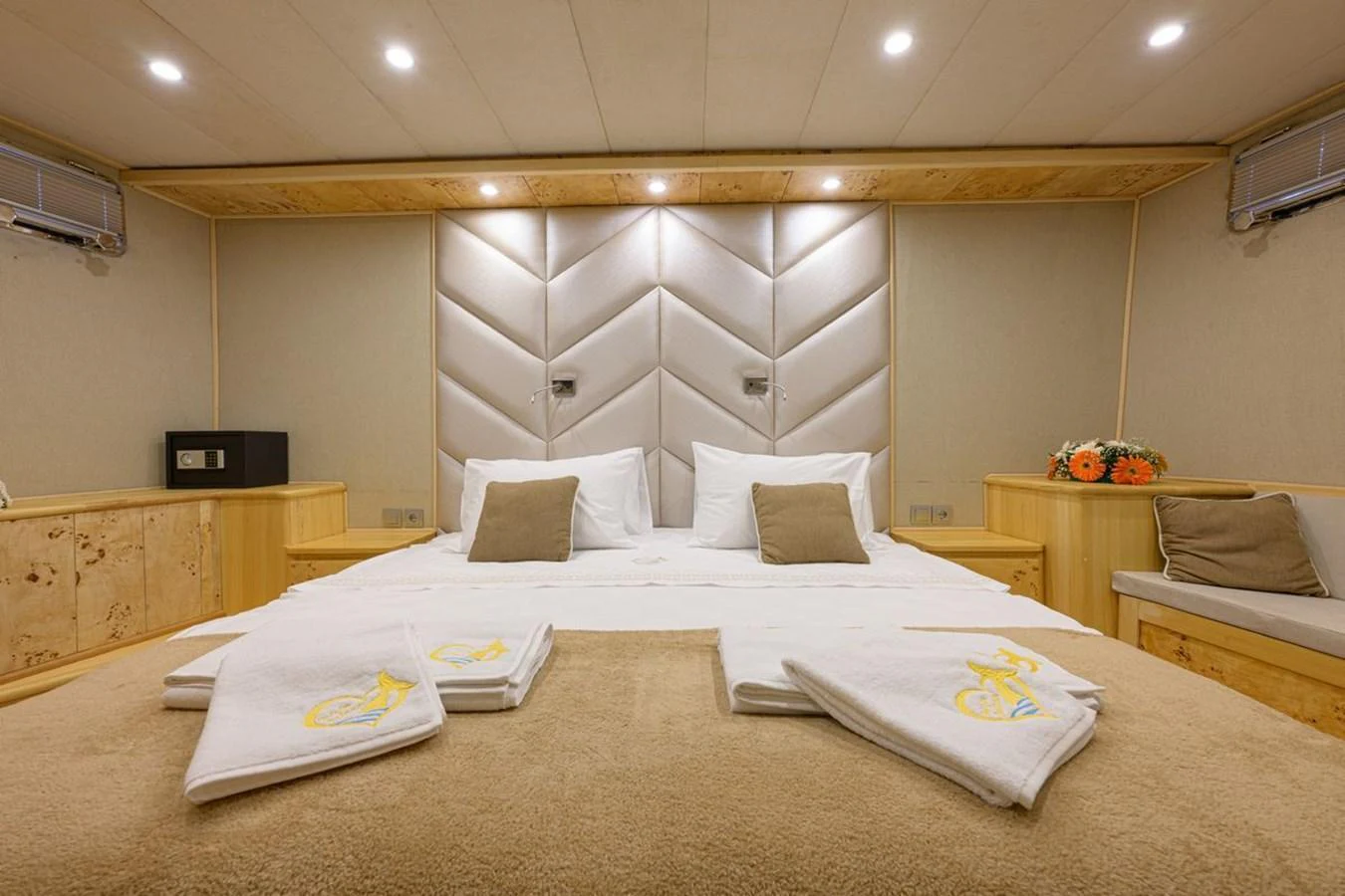 The master stateroom features a luxurious bed with plush linens and elegant decor. aboard BELGIN SULTAN Yacht for Sale