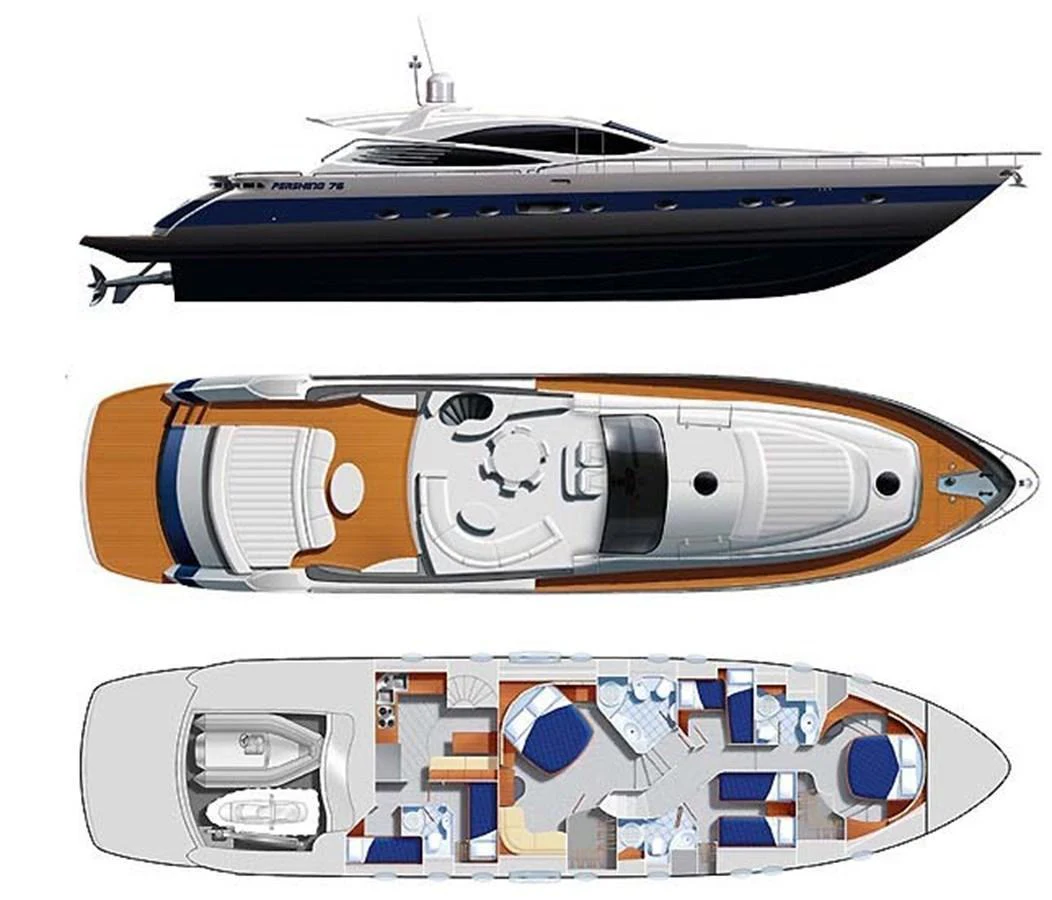 This image showcases the detailed deck plan and profile of a luxurious yacht. aboard EVASIONE Yacht for Sale