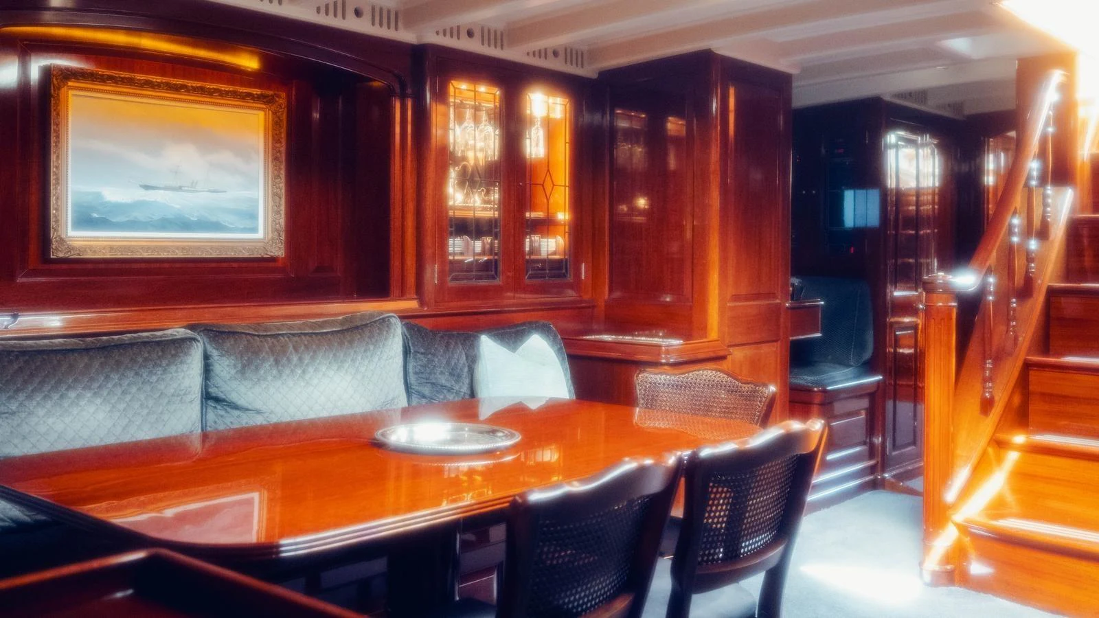 a dining table in a restaurant aboard SAVANNAH Yacht for Sale