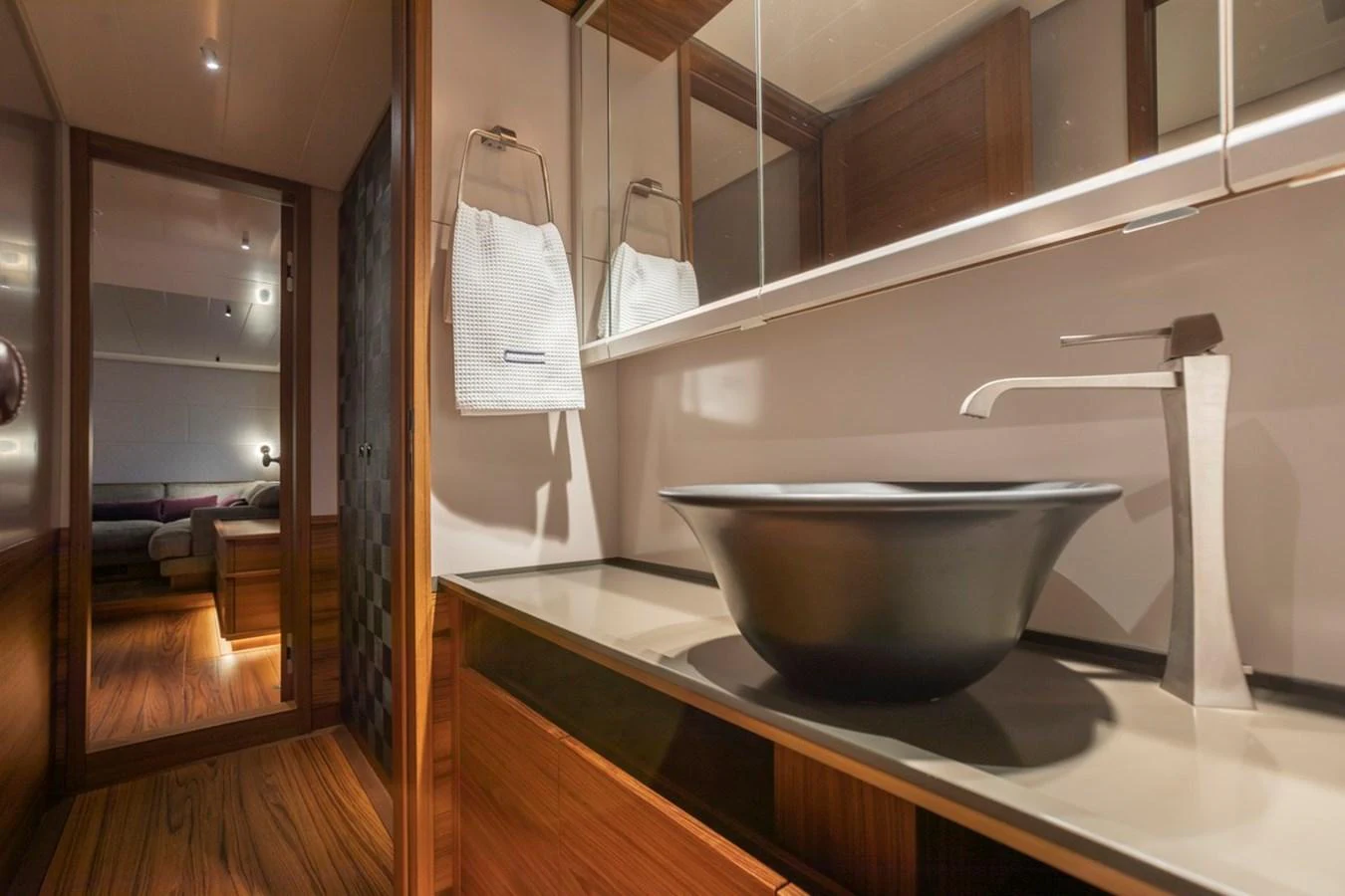 A sleek and modern bathroom with a stylish basin and contemporary fixtures. aboard CANOVA Yacht for Sale