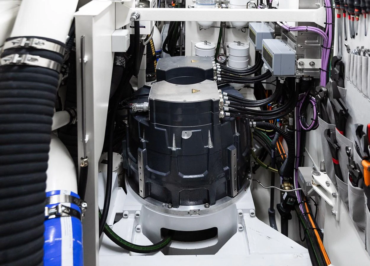 The image showcases the intricate machinery and components within the yacht's engine room. aboard CANOVA Yacht for Sale