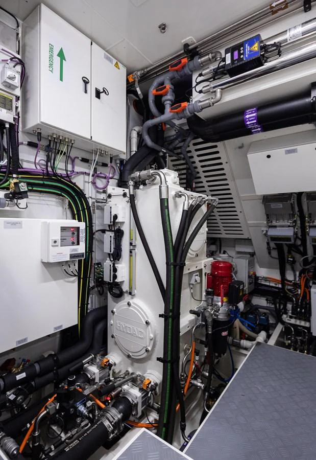 The image showcases the yacht's well-organized engine room with advanced machinery and systems. aboard CANOVA Yacht for Sale
