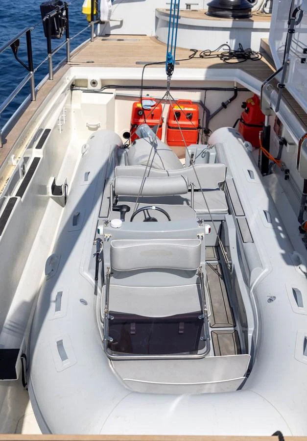 A well-equipped tender is securely stored on the yacht's deck, ready for excursions. aboard CANOVA Yacht for Sale