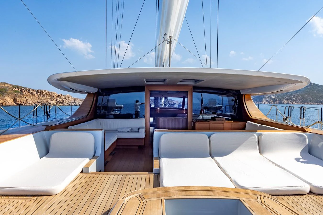 The aft deck features luxurious seating with a stunning view of the surrounding waters. aboard CANOVA Yacht for Sale