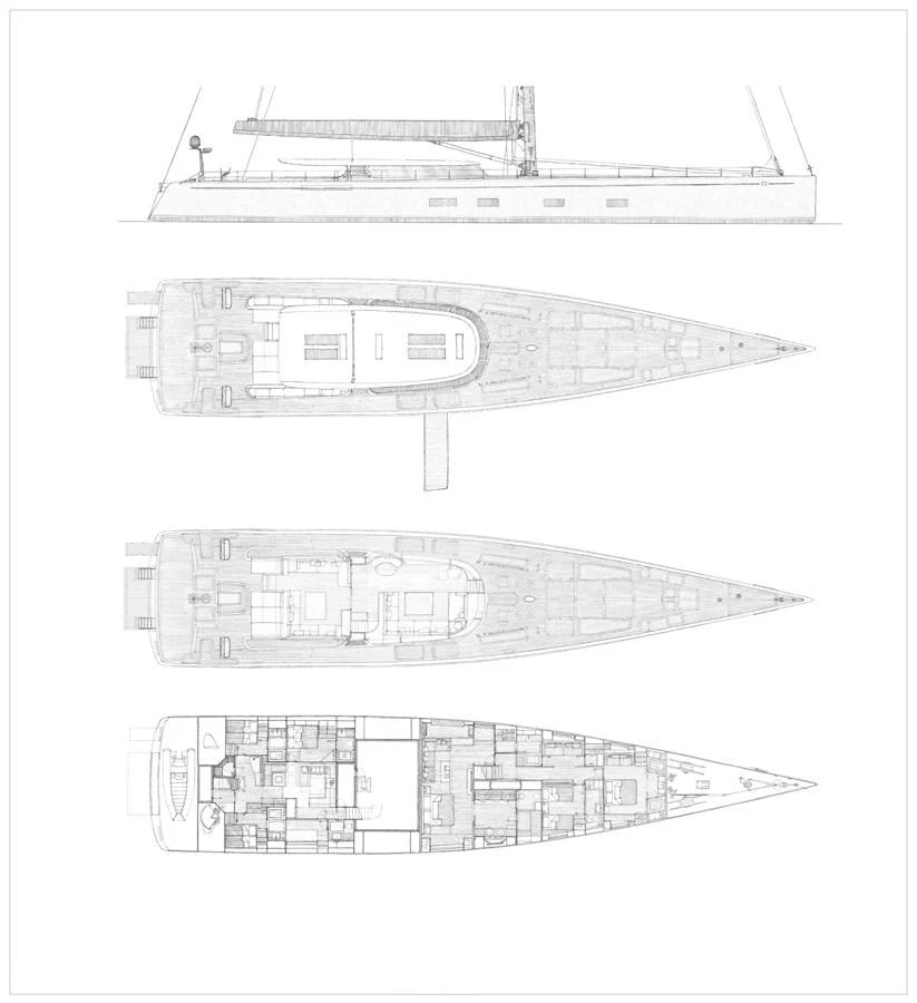 This image showcases the detailed blueprint of a yacht, including side and top views. aboard CANOVA Yacht for Sale
