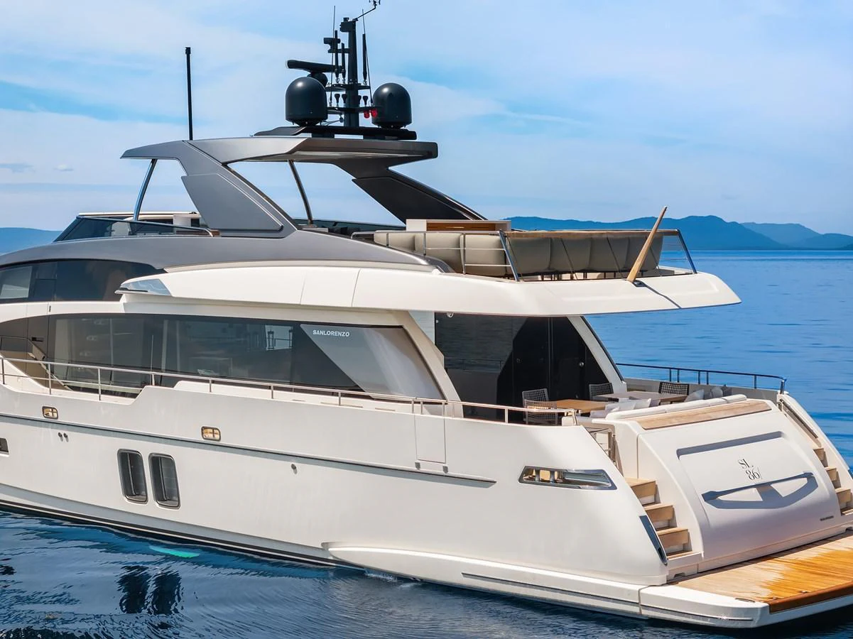 A sleek and modern yacht with a spacious aft deck, perfect for luxurious cruising. aboard ESSENZA Yacht for Sale