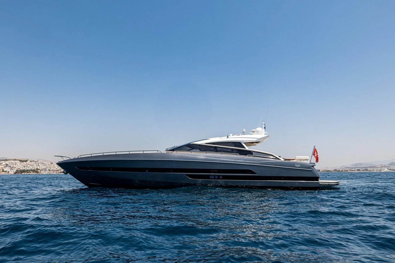 A sleek and modern yacht glides gracefully on the open water under a clear blue sky. aboard LIONESS Yacht for Sale