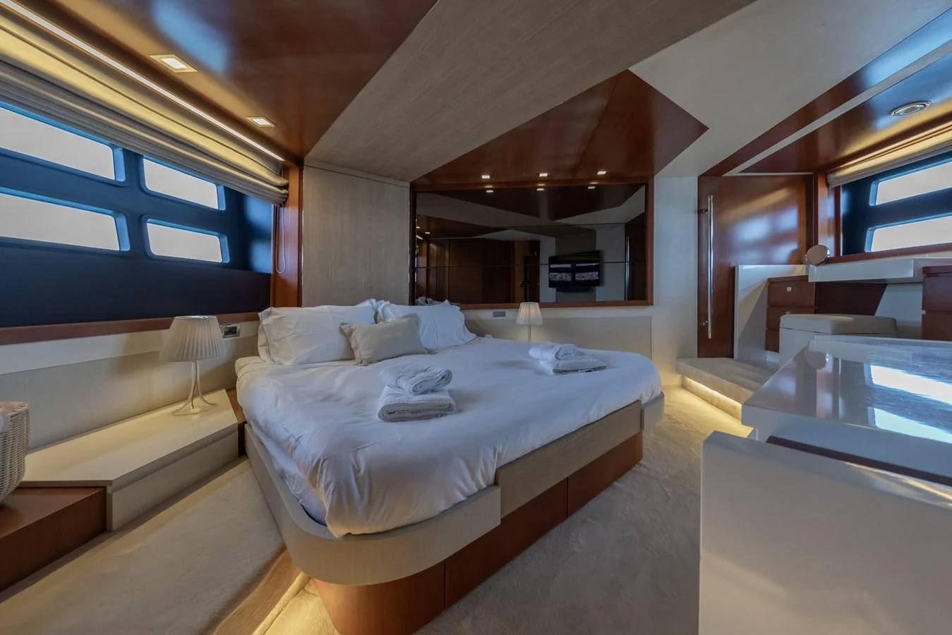 The master stateroom offers a luxurious and spacious retreat with modern design and ample natural light. aboard LIONESS Yacht for Sale