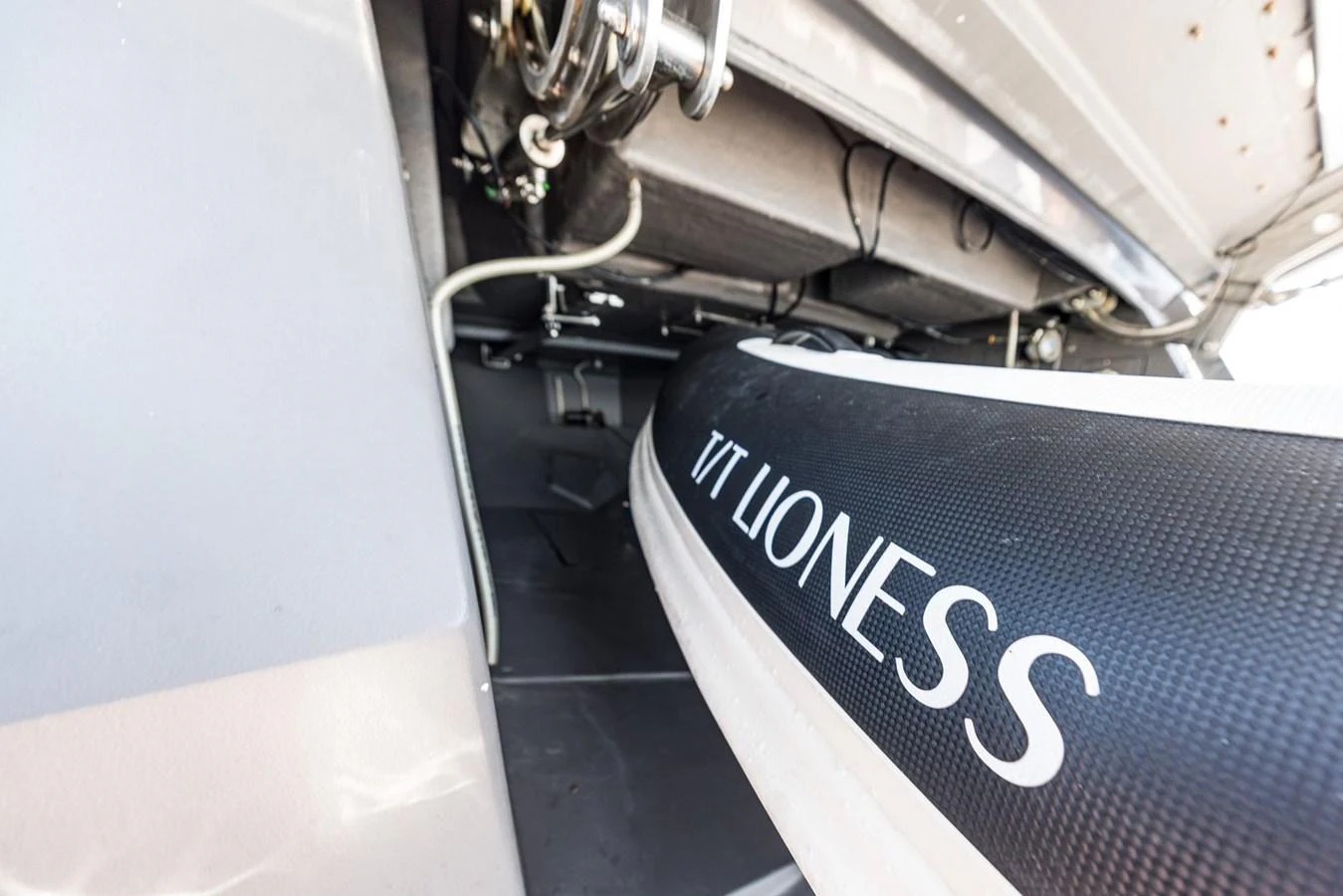 The image showcases a tender stored on the yacht, highlighting its accessibility and storage solution. aboard LIONESS Yacht for Sale