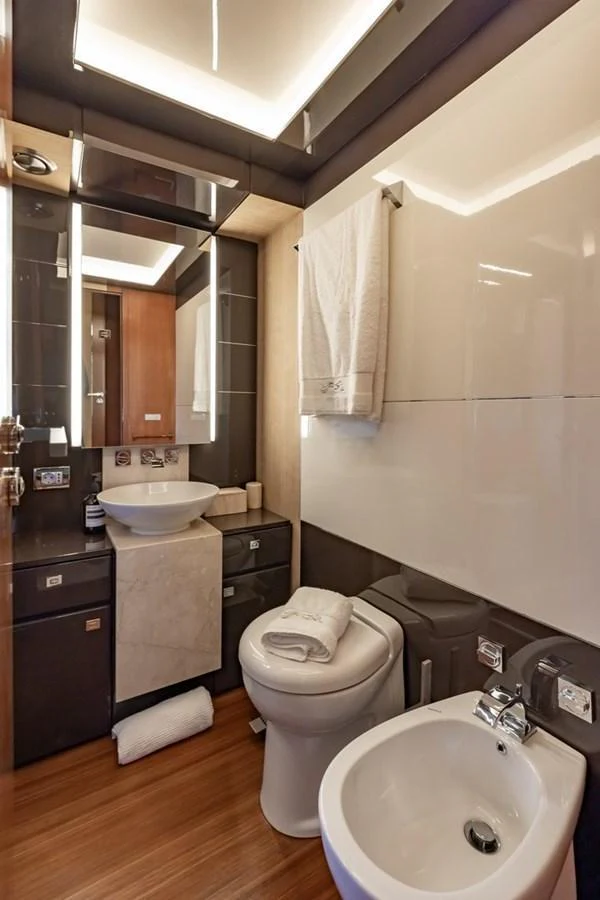 The yacht's bathroom features modern fixtures and a sleek design. aboard LIONESS Yacht for Sale