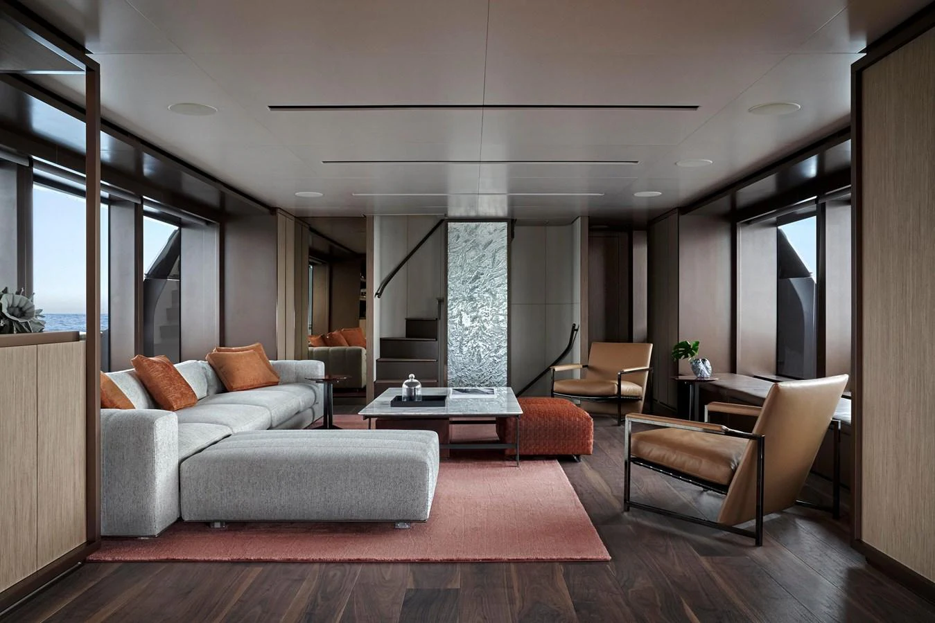 The salon features modern furnishings with a comfortable and inviting atmosphere. aboard SANLORENZO SD96 Yacht for Sale