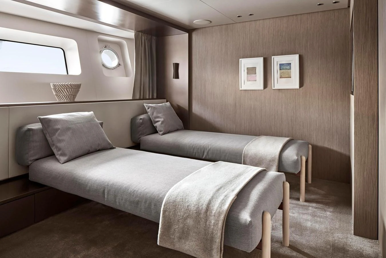 The twin stateroom offers a serene and comfortable sleeping area with modern decor. aboard SANLORENZO SD96 Yacht for Sale